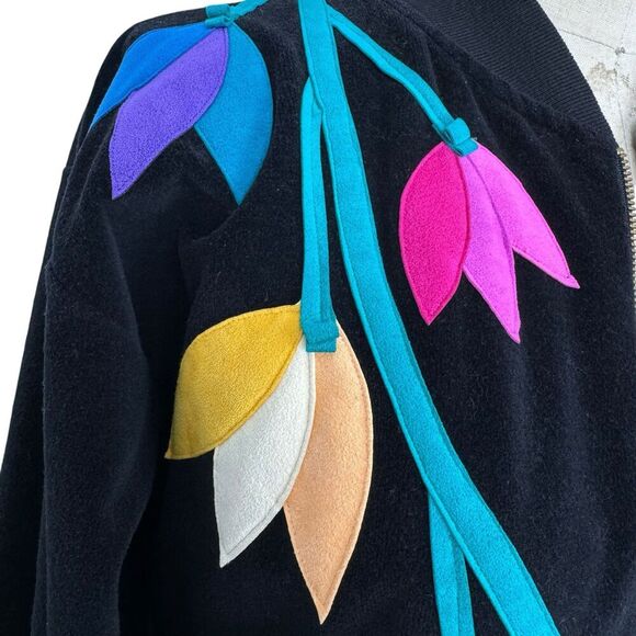 Vintage Ella Manfredi Women's Velour Track Jacket Small Black Floral USA Granny - Picture 6 of 13